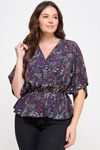 Load image into Gallery viewer, Curvy Floral Print Peplum Top | Navy