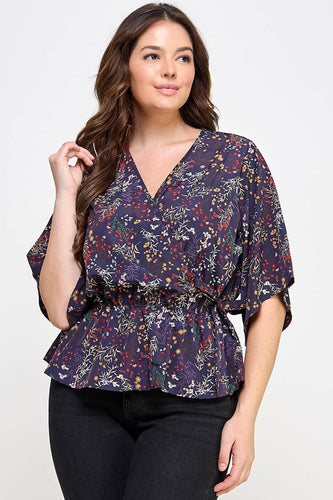 Curvy Floral Print Peplum Top | Navy