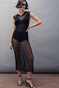 Crochet Knit Hollow Out Maxi Dress | Black