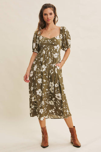 Floral Sweetheart Neck Midi Dress