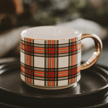 Load image into Gallery viewer, White Plaid Gold Handle Coffee Mug