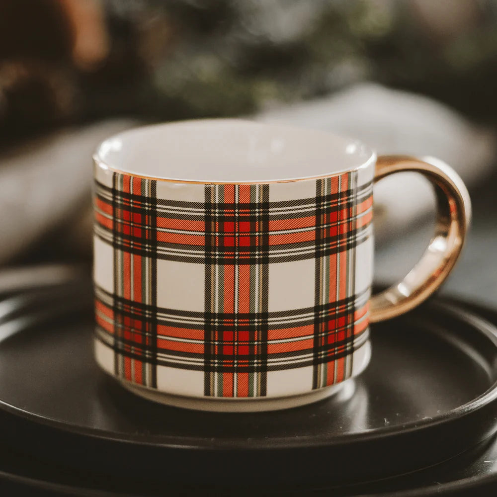 White Plaid Gold Handle Coffee Mug