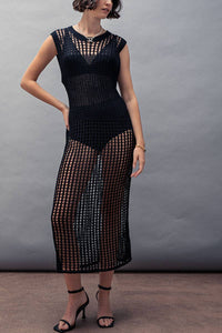 Crochet Knit Hollow Out Maxi Dress | Black