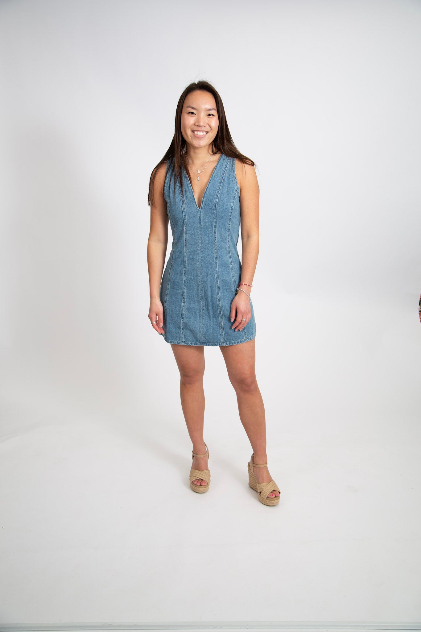 V-neck Open Back Denim Dress | Medium Wash Styled. by JJ V-neck Open Back Denim Dress | Medium Wash Styled. by JJ