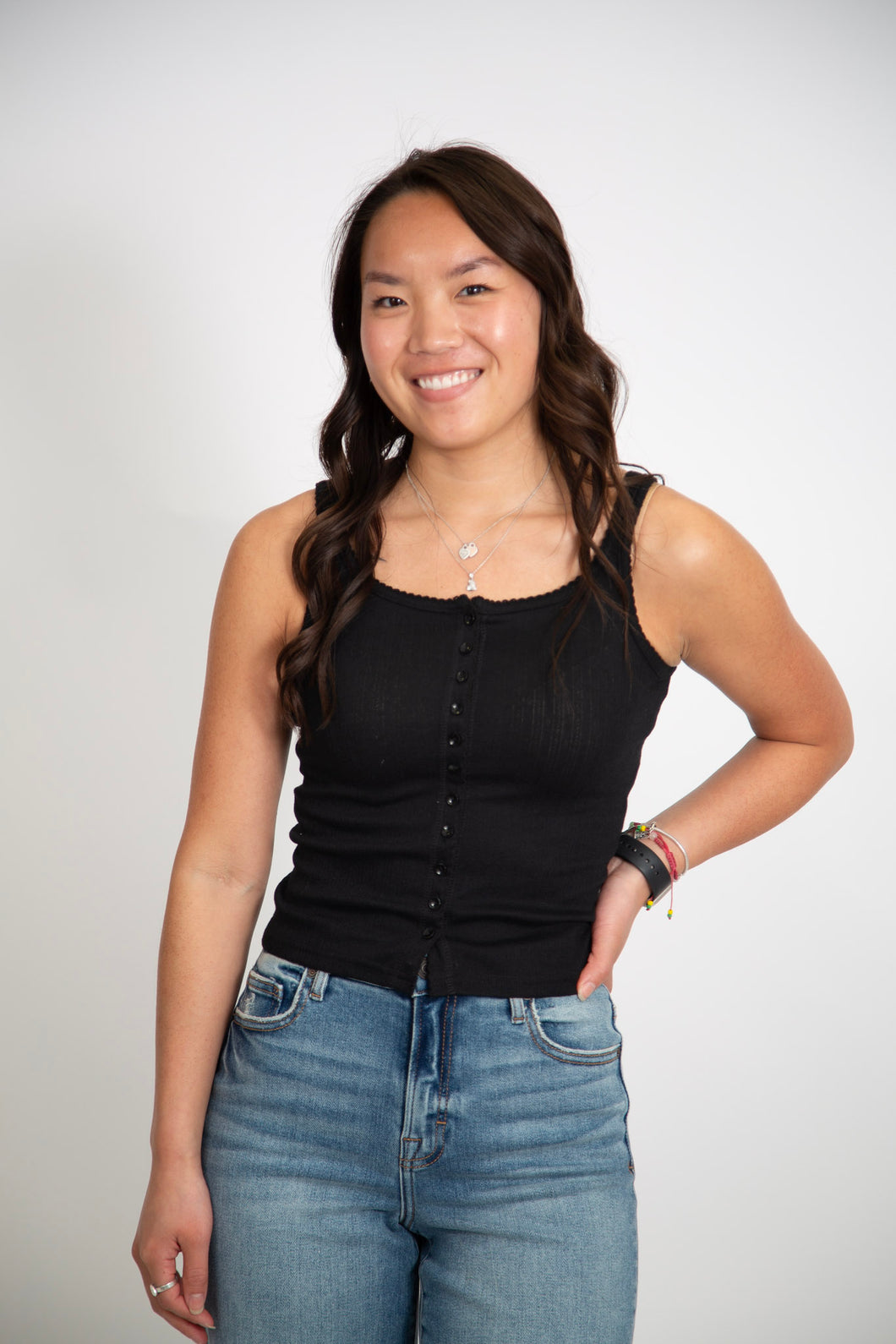Pointelle Button-Front Tank | Black