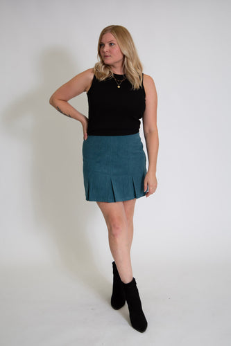 Pleated Corduroy Mini Skirt | Teal Blue
