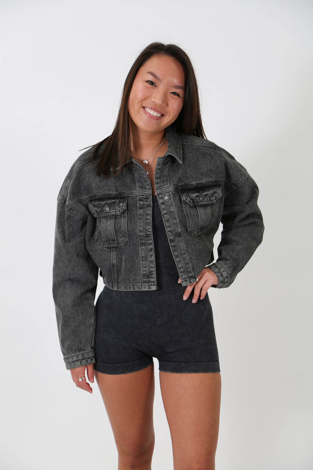 Cropped Denim Jacket with Elastic Band by Mica Denim