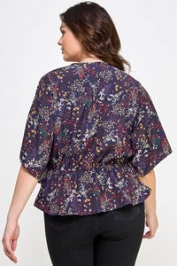 Curvy Floral Print Peplum Top | Navy
