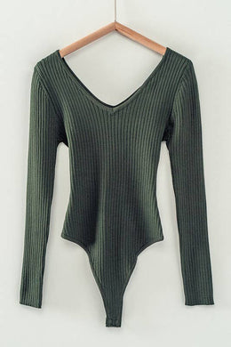 Ribbed V-neck Long Sleeve Bodysuit (Evergreen)