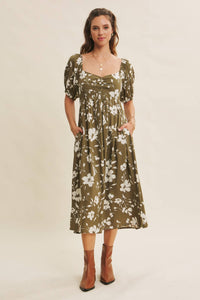 Floral Sweetheart Neck Midi Dress