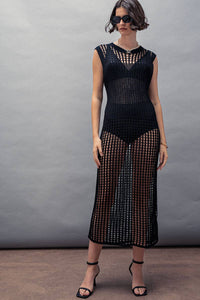 Crochet Knit Hollow Out Maxi Dress | Black