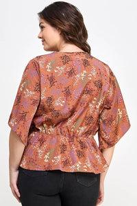 Curvy Floral Print Peplum Top | Mauve