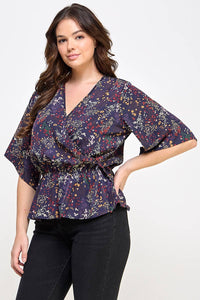 Curvy Floral Print Peplum Top | Navy