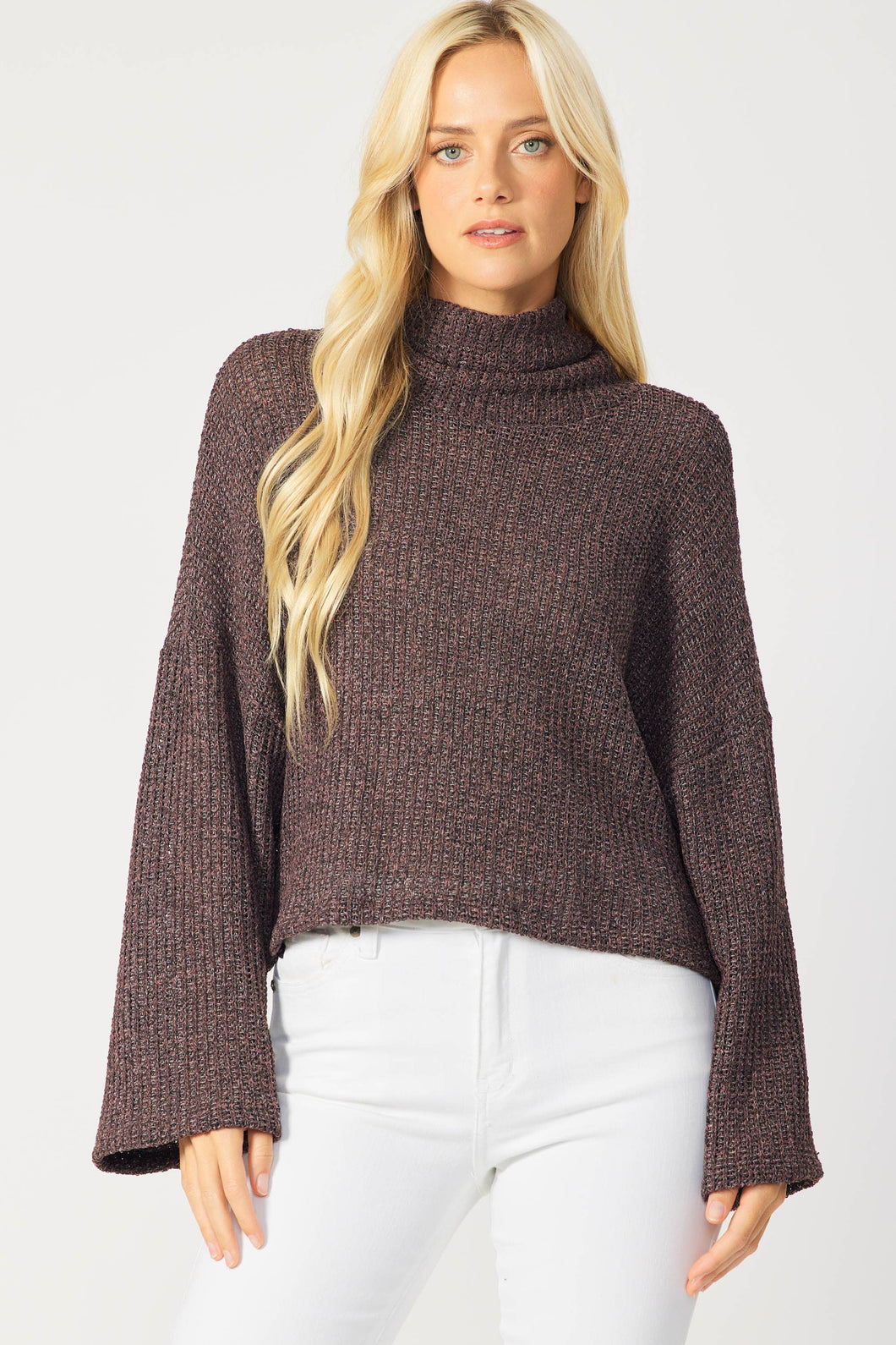 Two Tone Turtleneck Sweater | Wine