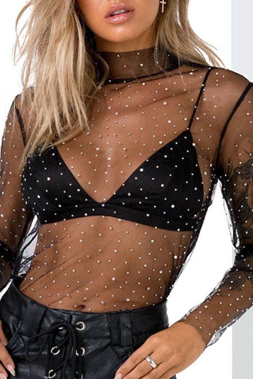 Sheer Mesh Polka Dot Top (Black)