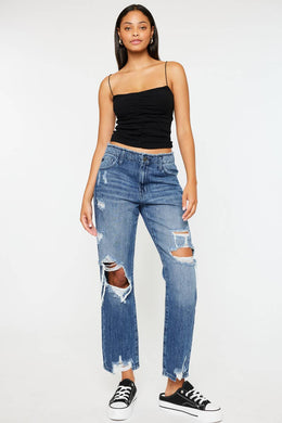 Distressed Straight Leg Cropped Jean by Kan Can