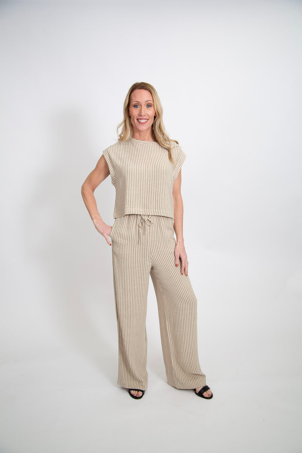 Striped Drawstring Pants | Beige