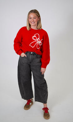 Embroidered Bow Knit Sweater | Red