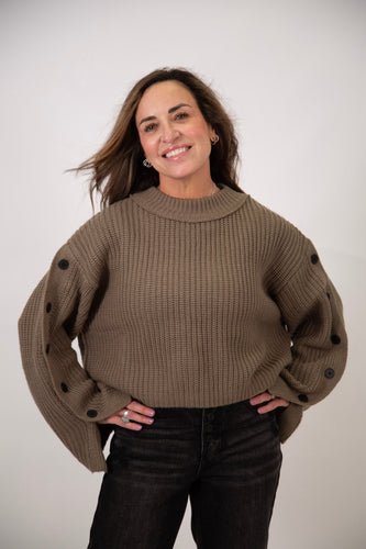 Button Sleeve Boxy Sweater | Olive