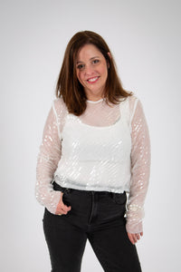 Diagonal Sequin Crop Top (White)