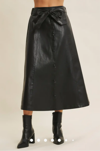 Faux Leather Belted Midi Skirt