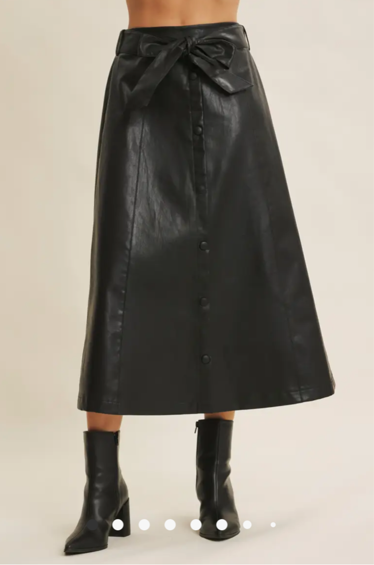 Faux Leather Belted Midi Skirt