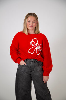 Embroidered Bow Knit Sweater | Red