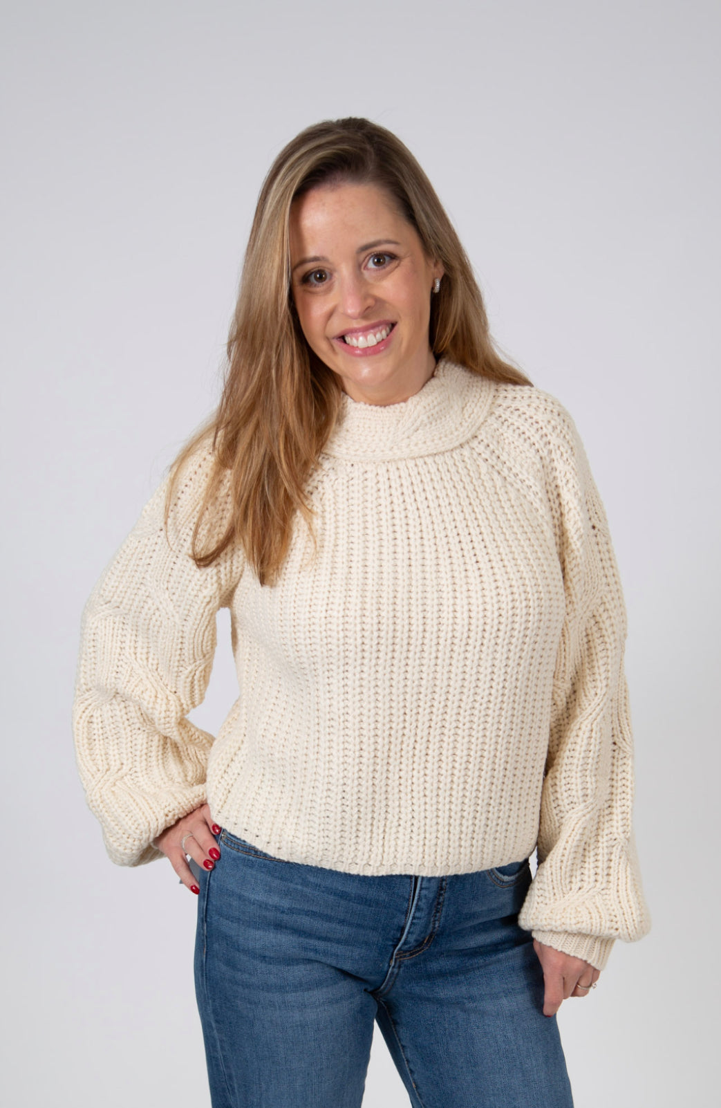 Mock Neck Cable Knit Sleeve Sweater