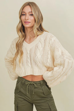 Cable Knit Cropped Sweater (Cream)