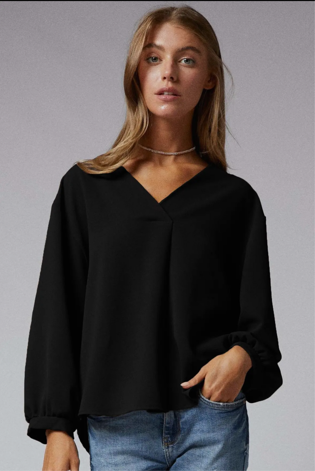 3/4 Balloon Sleeves V-Neck Blouse