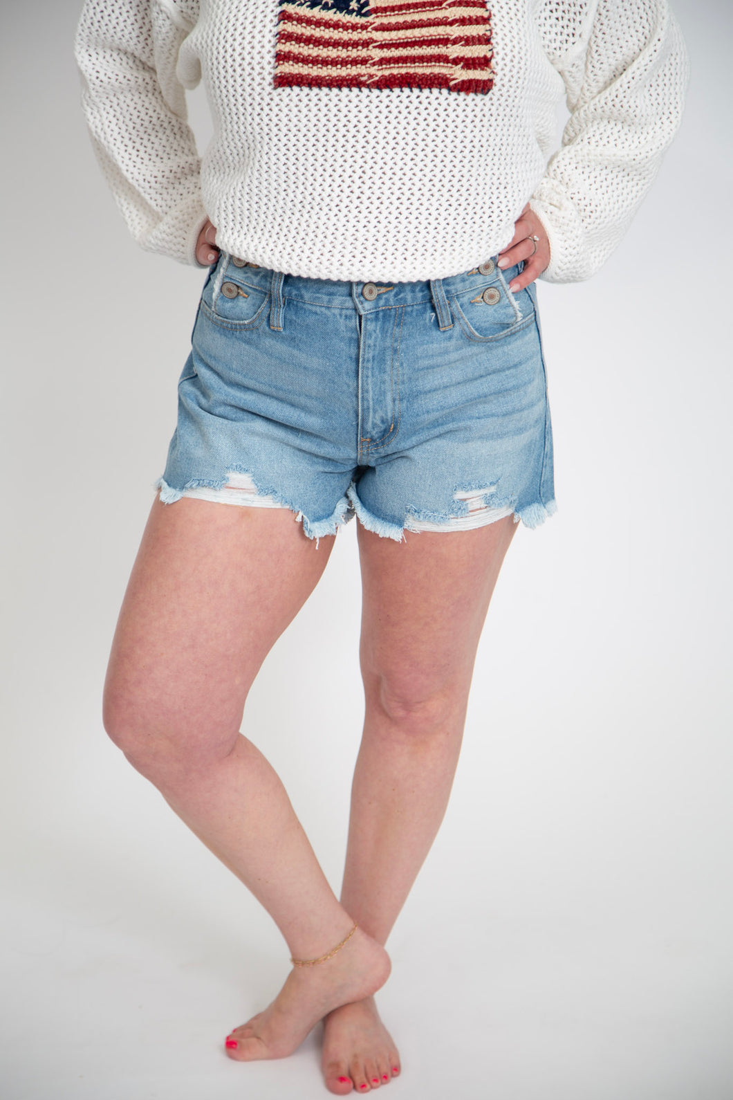 High Rise Distressed Shorts by Kan Can