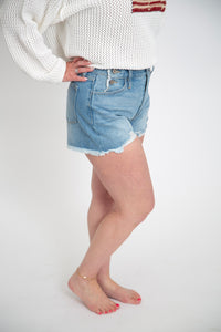 High Rise Distressed Shorts by Kan Can