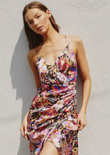 Load image into Gallery viewer, Satin Floral Ruched Midi Dress