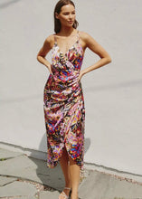 Load image into Gallery viewer, Satin Floral Ruched Midi Dress