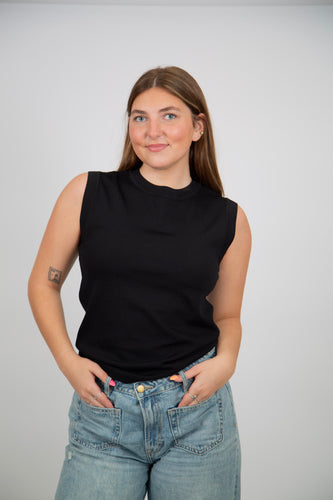 High Neck Sleeveless Knit Top | Black