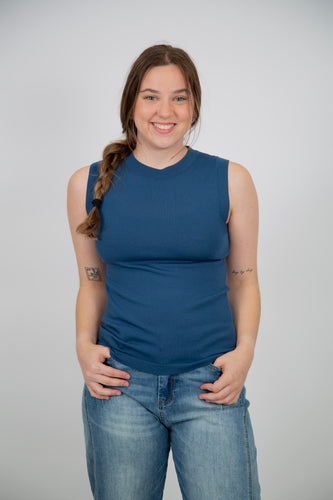 High Neck Sleeveless Knit Top | Blue