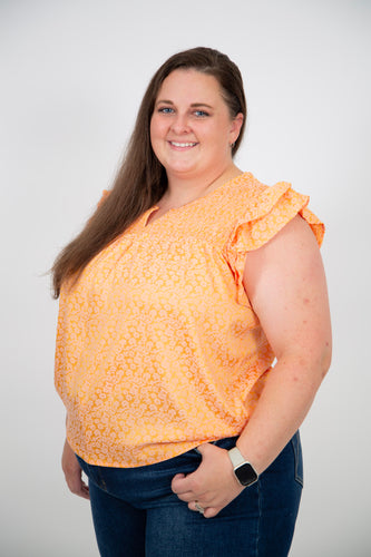 Curvy Floral Damask Ruffle Sleeve Top