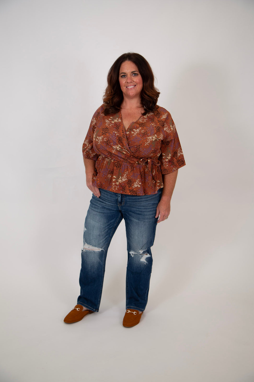 Curvy Floral Print Peplum Top | Mauve