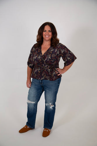 Curvy Floral Print Peplum Top | Navy