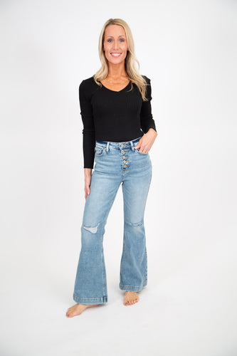 Petite Distressed Flare Jeans by Kan Can