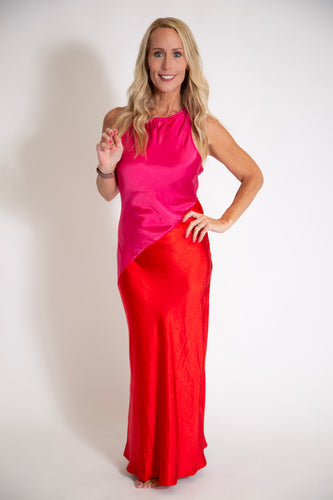 Asymmetrical Satin Dress (Pink & Red)