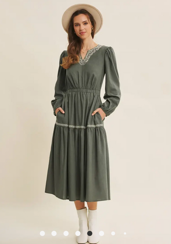 Embroidered Linen Blend Maxi Dress
