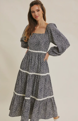 Floral Tiered Midi Dress with Trim