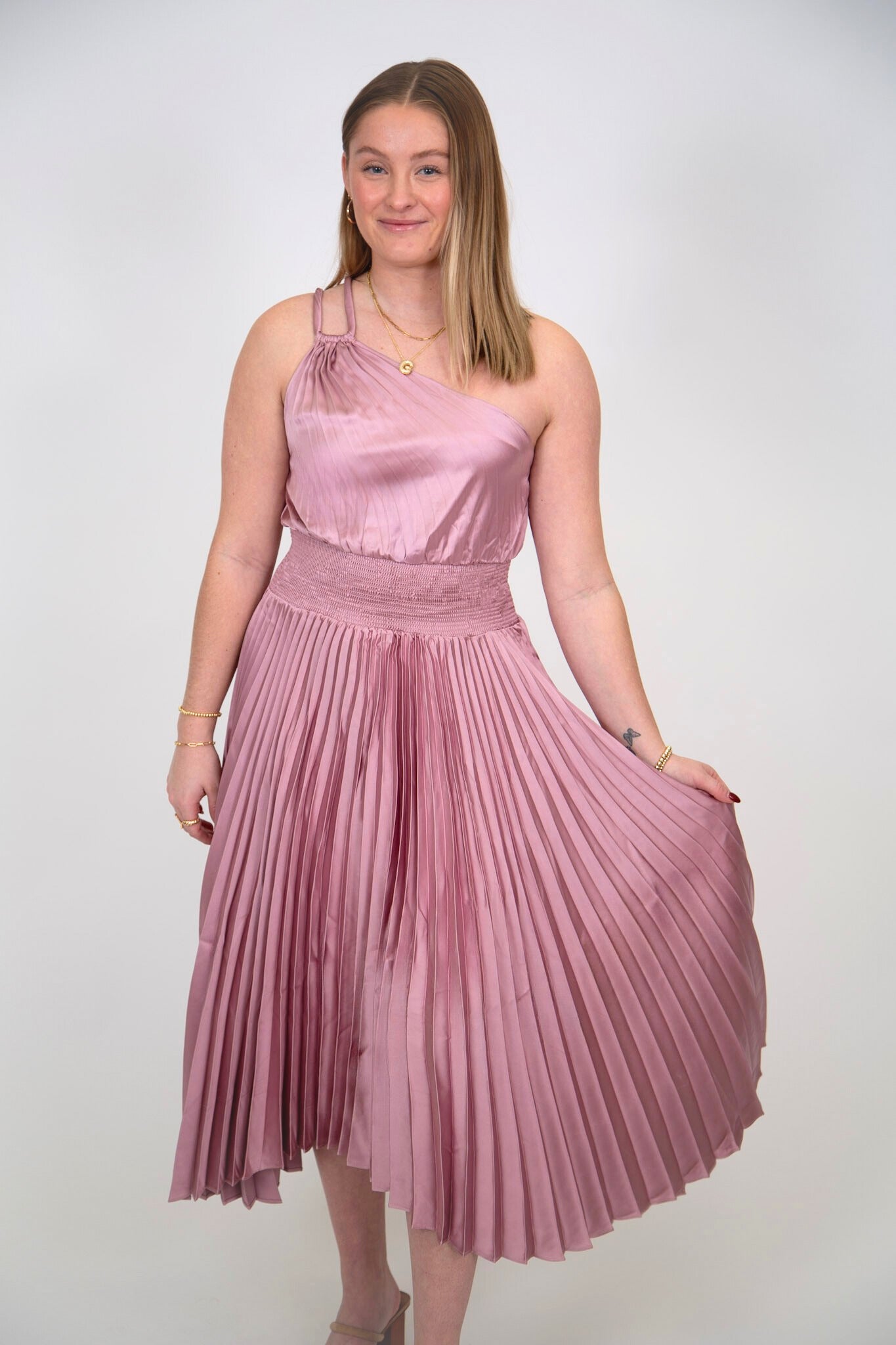 pleated one shoulder midi dress Pleated One Shoulder Midi Dress