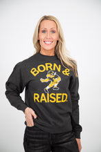 Load image into Gallery viewer, Hawkeyes Born &amp; Raised Vintage Charcoal Crew Sweatshirt