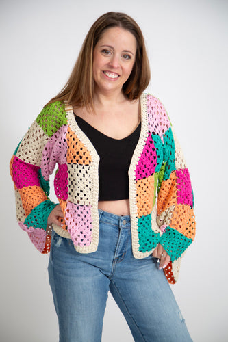 Multi Color Crochet Open Cardigan