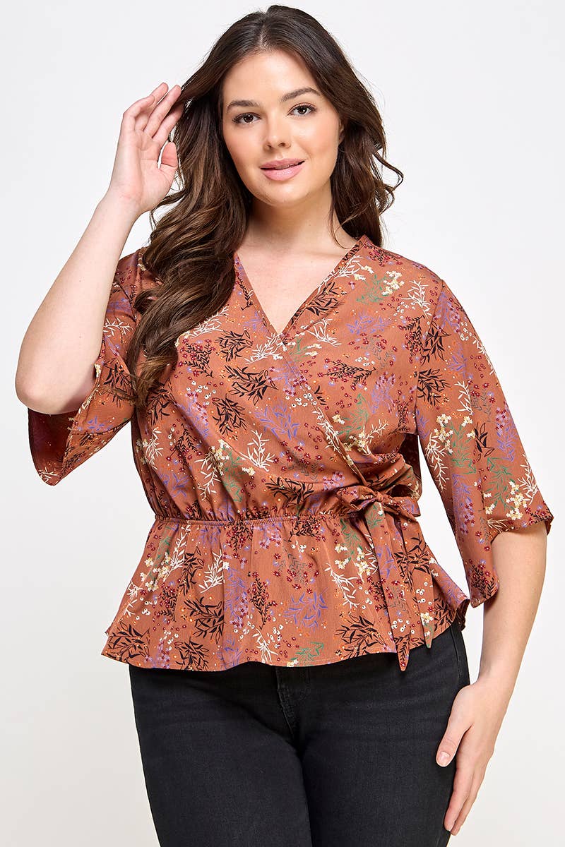 Curvy Floral Print Peplum Top | Mauve