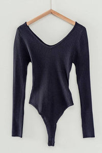 Ribbed V-neck Long Sleeve Bodysuit (Black)