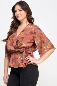 Curvy Floral Print Peplum Top | Mauve